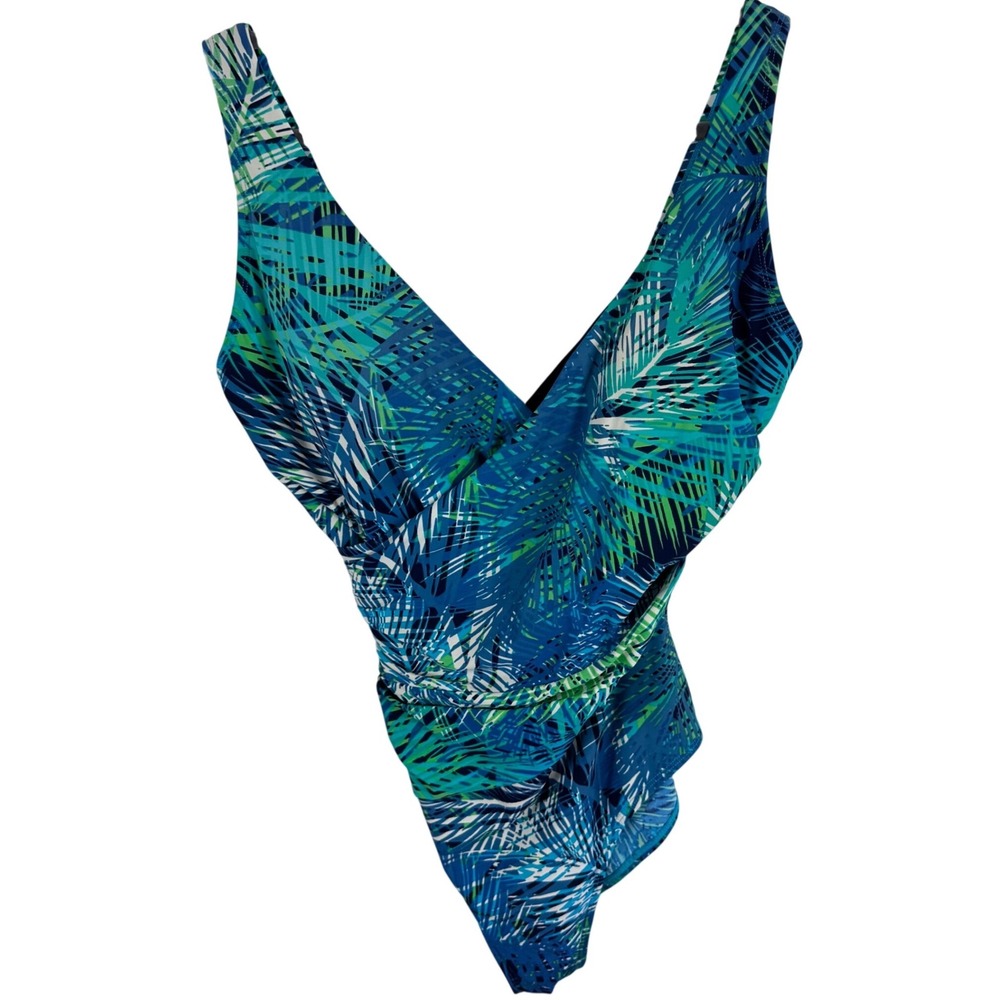 LL Bean Womens Size 10 Tropical Palm Leaf V-Neck Ruched One Piece Swimsuit Blue